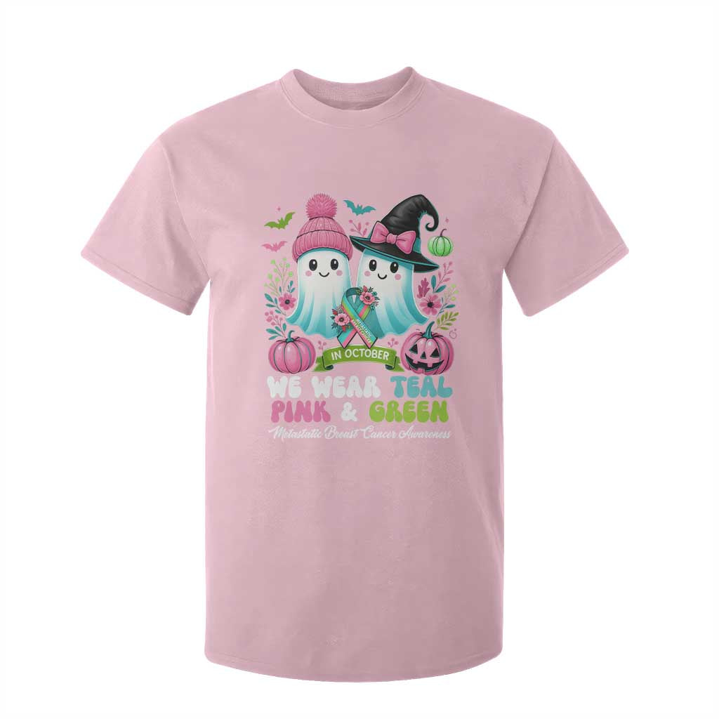 Metastatic Breast Cancer Support Ghost T Shirt For Kid Halloween Green Teal Pink Ribbon