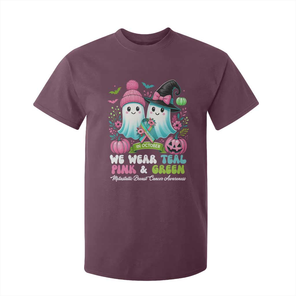 Metastatic Breast Cancer Support Ghost T Shirt For Kid Halloween Green Teal Pink Ribbon