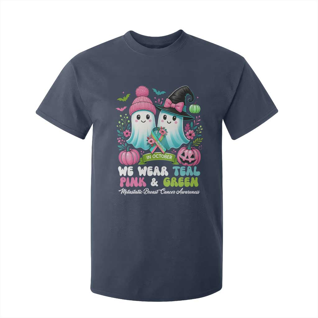 Metastatic Breast Cancer Support Ghost T Shirt For Kid Halloween Green Teal Pink Ribbon