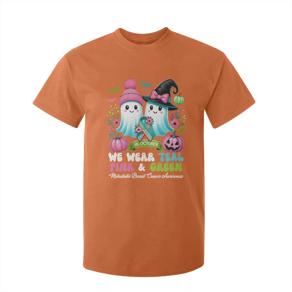 Metastatic Breast Cancer Support Ghost T Shirt For Kid Halloween Green Teal Pink Ribbon