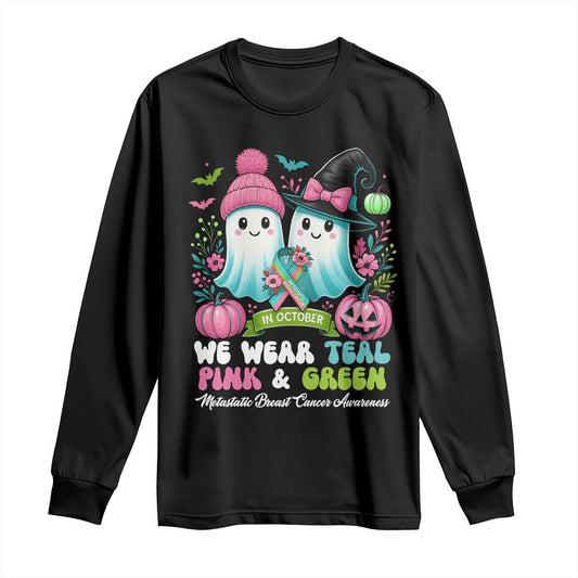 Metastatic Breast Cancer Support Ghost Long Sleeve Shirt Halloween Green Teal Pink Ribbon