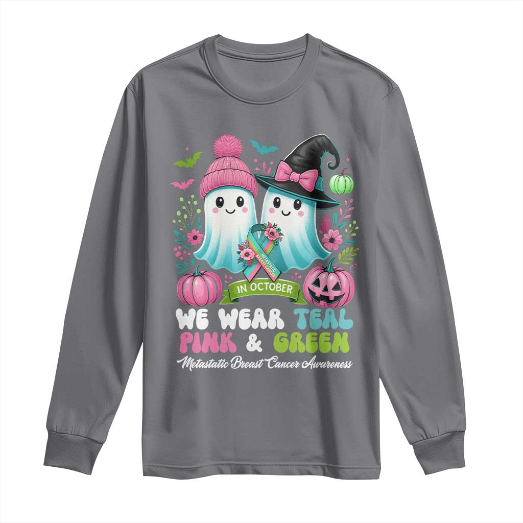 Metastatic Breast Cancer Support Ghost Long Sleeve Shirt Halloween Green Teal Pink Ribbon