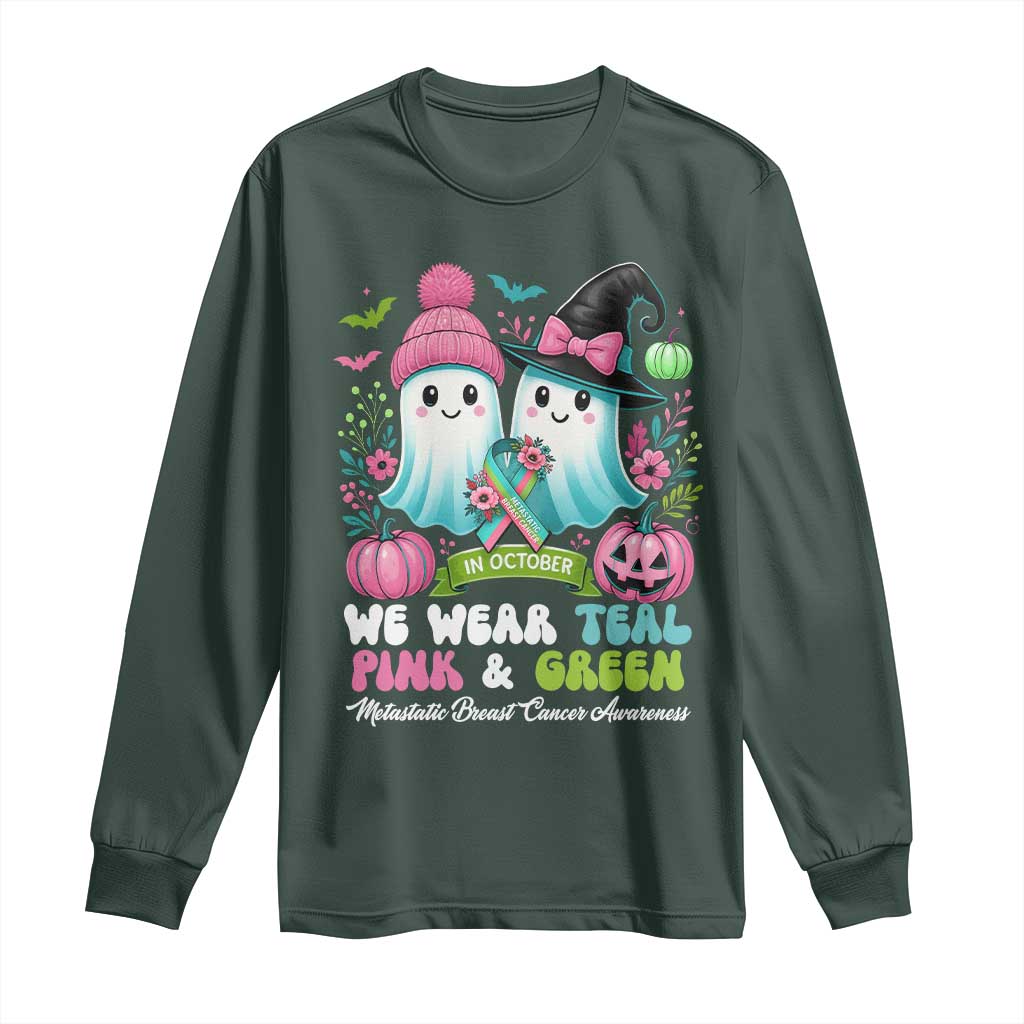 Metastatic Breast Cancer Support Ghost Long Sleeve Shirt Halloween Green Teal Pink Ribbon