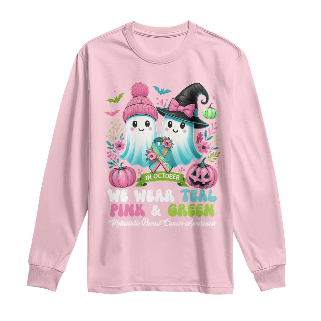 Metastatic Breast Cancer Support Ghost Long Sleeve Shirt Halloween Green Teal Pink Ribbon