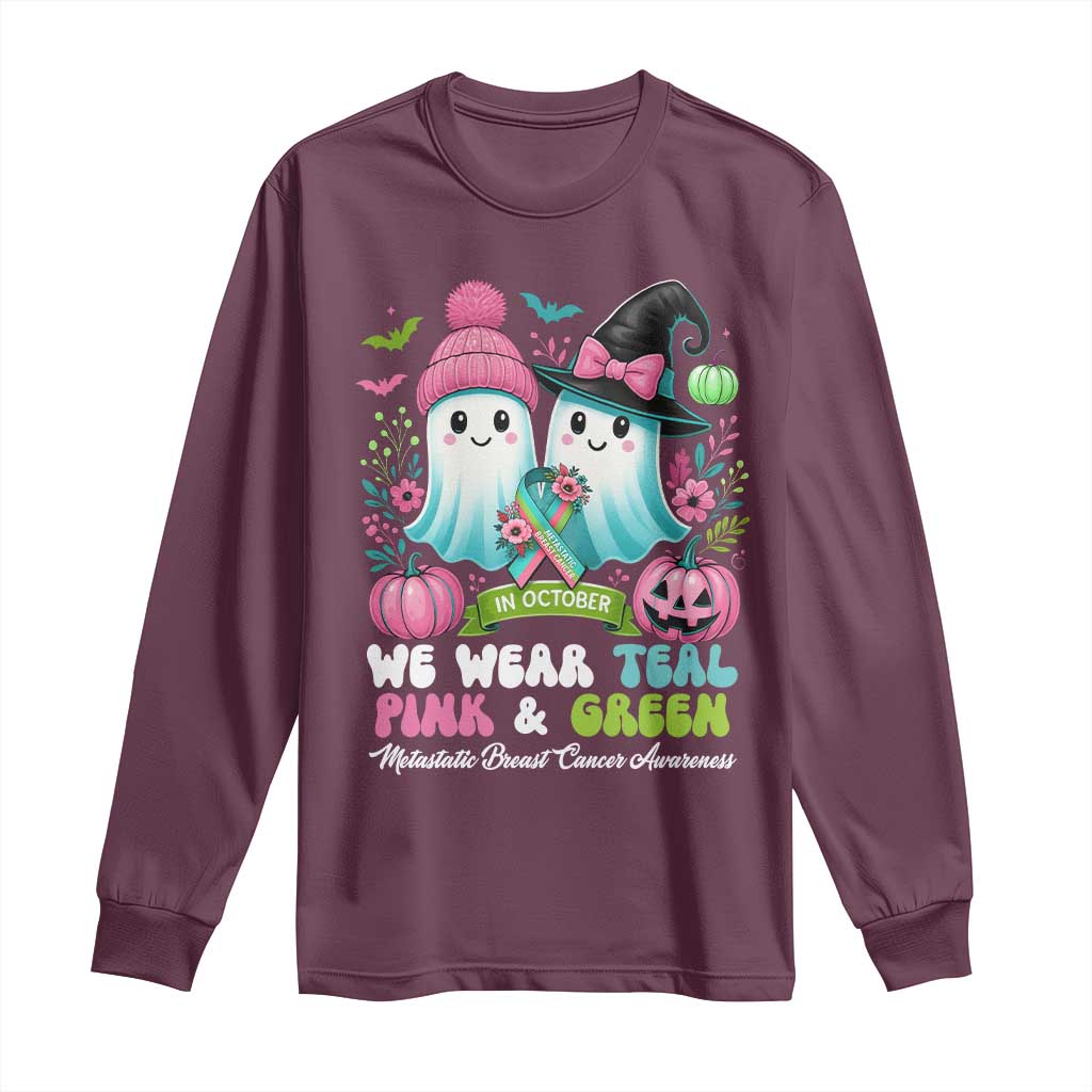 Metastatic Breast Cancer Support Ghost Long Sleeve Shirt Halloween Green Teal Pink Ribbon