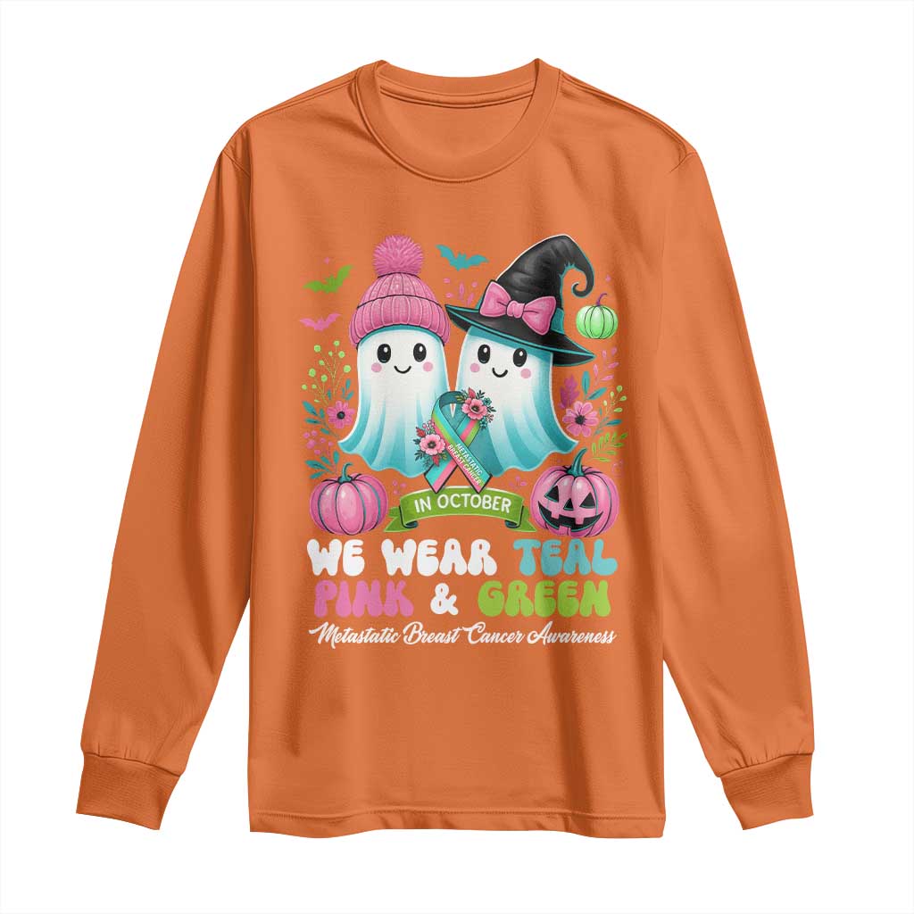 Metastatic Breast Cancer Support Ghost Long Sleeve Shirt Halloween Green Teal Pink Ribbon
