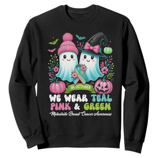 Metastatic Breast Cancer Support Ghost Sweatshirt Halloween Green Teal Pink Ribbon