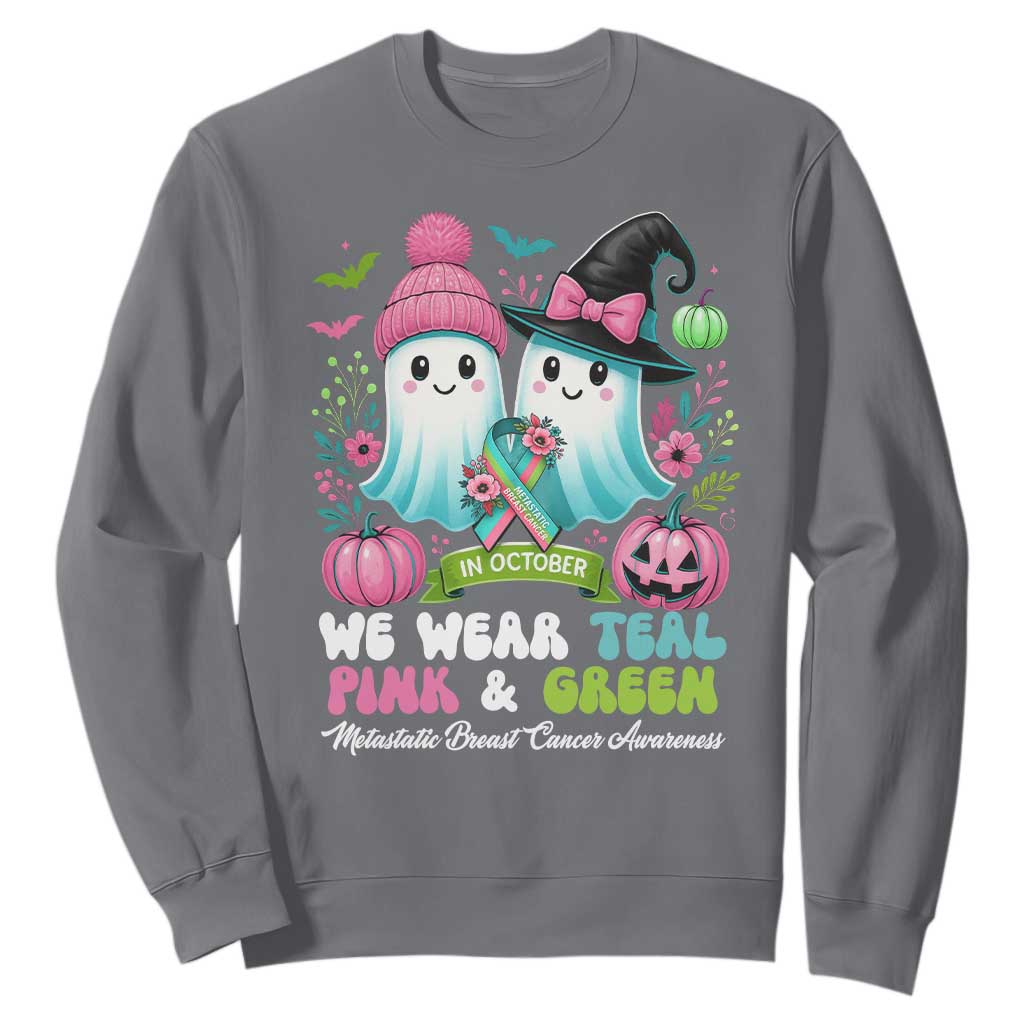 Metastatic Breast Cancer Support Ghost Sweatshirt Halloween Green Teal Pink Ribbon