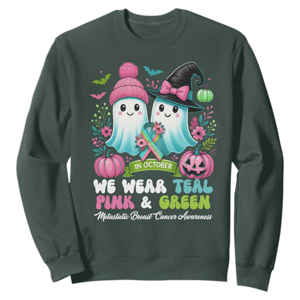 Metastatic Breast Cancer Support Ghost Sweatshirt Halloween Green Teal Pink Ribbon