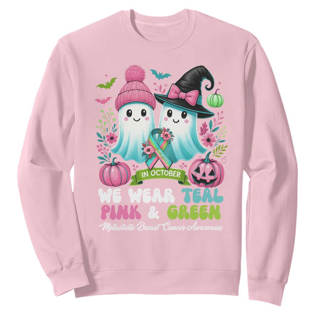 Metastatic Breast Cancer Support Ghost Sweatshirt Halloween Green Teal Pink Ribbon