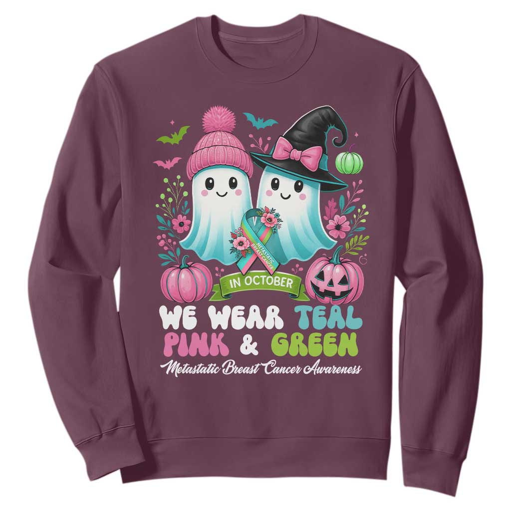 Metastatic Breast Cancer Support Ghost Sweatshirt Halloween Green Teal Pink Ribbon