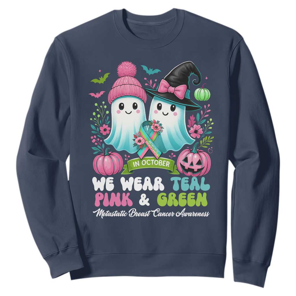 Metastatic Breast Cancer Support Ghost Sweatshirt Halloween Green Teal Pink Ribbon