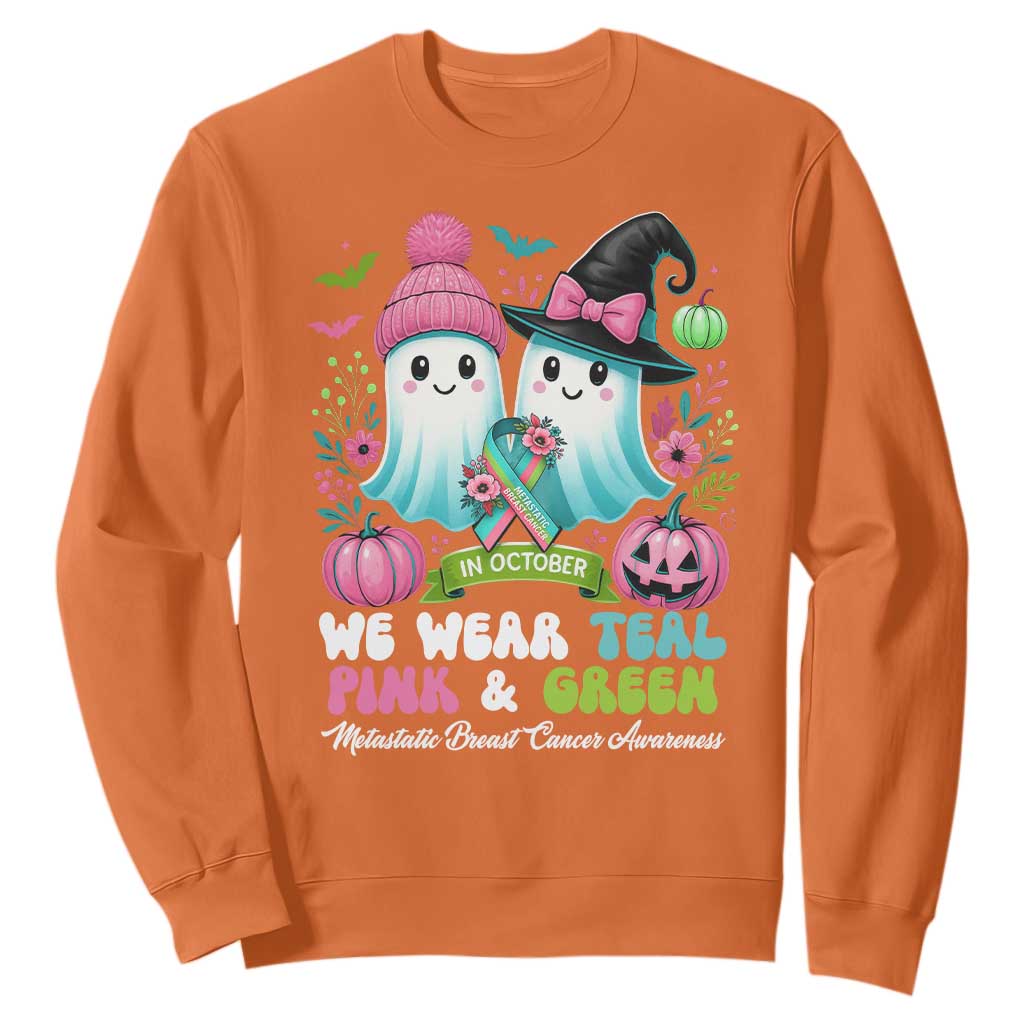 Metastatic Breast Cancer Support Ghost Sweatshirt Halloween Green Teal Pink Ribbon