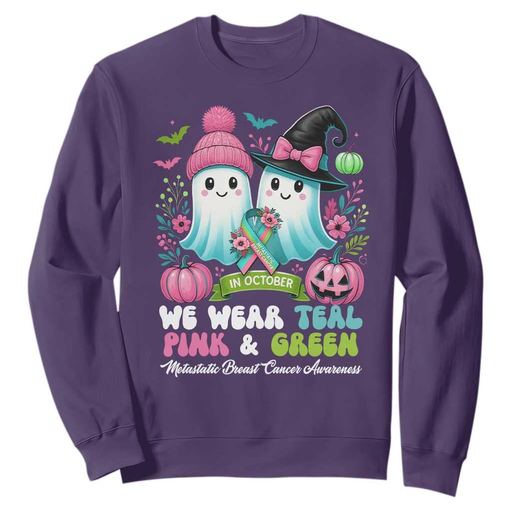 Metastatic Breast Cancer Support Ghost Sweatshirt Halloween Green Teal Pink Ribbon