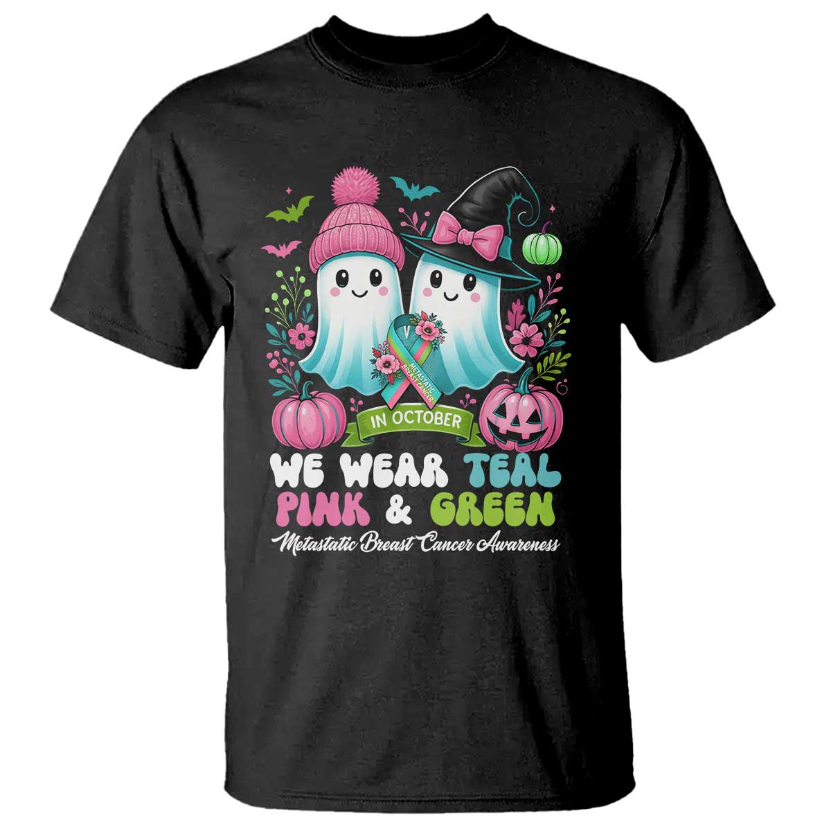 Metastatic Breast Cancer Support Ghost T Shirt Halloween Green Teal Pink Ribbon