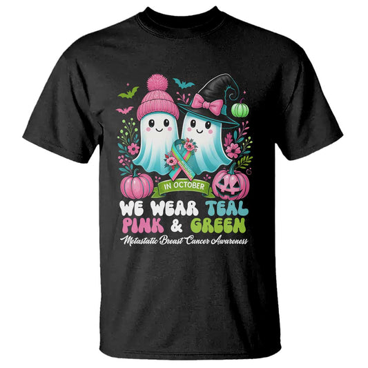 Metastatic Breast Cancer Support Ghost T Shirt Halloween Green Teal Pink Ribbon