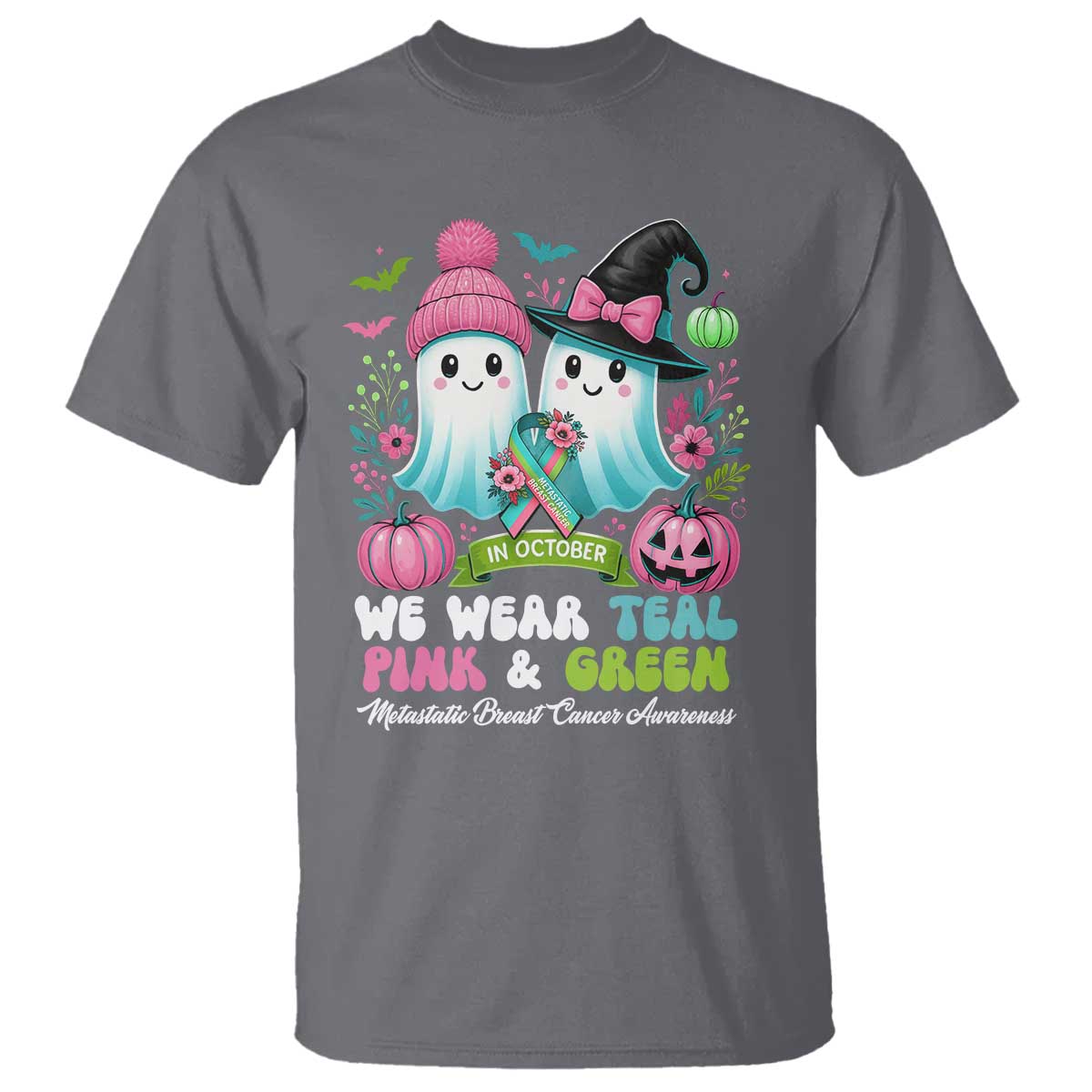 Metastatic Breast Cancer Support Ghost T Shirt Halloween Green Teal Pink Ribbon