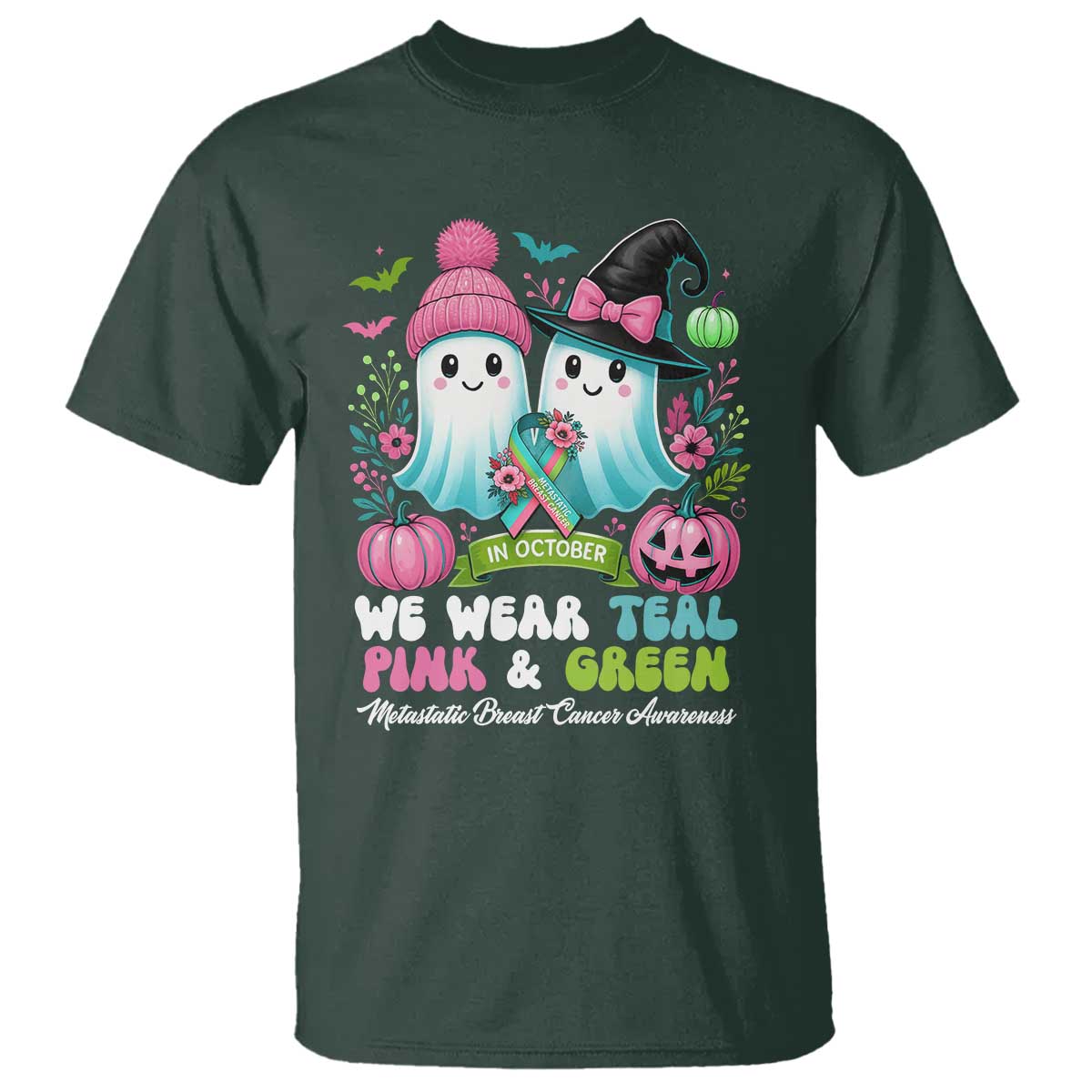 Metastatic Breast Cancer Support Ghost T Shirt Halloween Green Teal Pink Ribbon