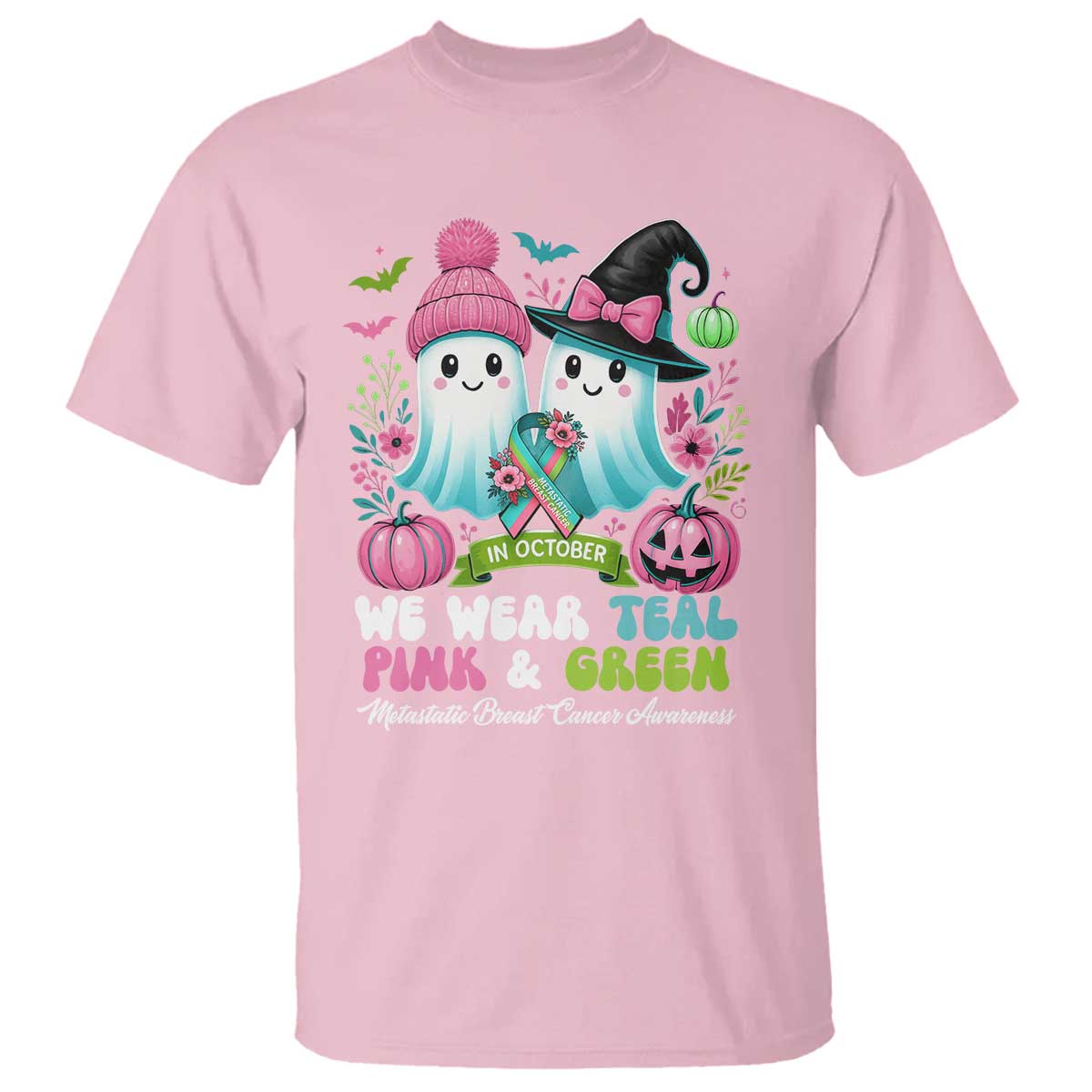 Metastatic Breast Cancer Support Ghost T Shirt Halloween Green Teal Pink Ribbon