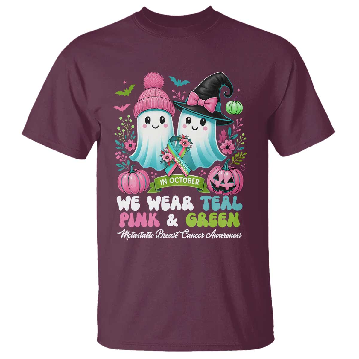 Metastatic Breast Cancer Support Ghost T Shirt Halloween Green Teal Pink Ribbon