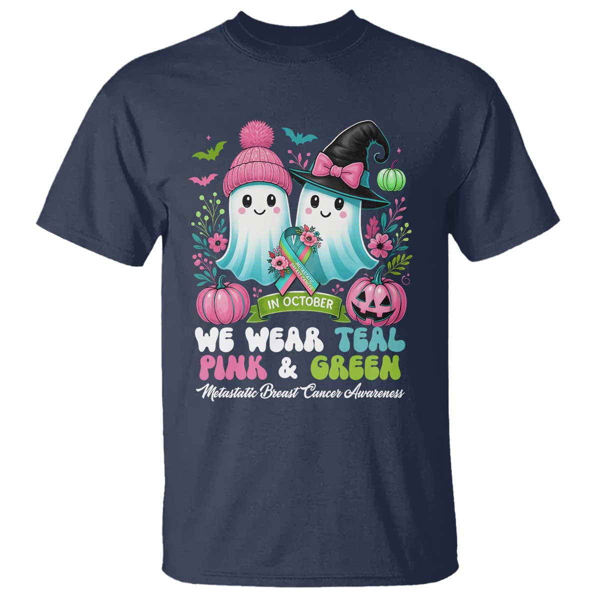 Metastatic Breast Cancer Support Ghost T Shirt Halloween Green Teal Pink Ribbon