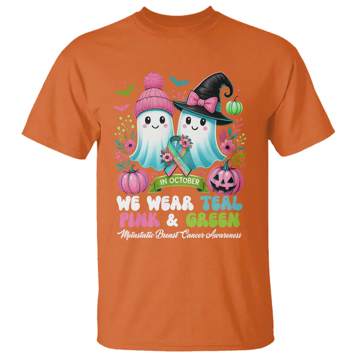 Metastatic Breast Cancer Support Ghost T Shirt Halloween Green Teal Pink Ribbon