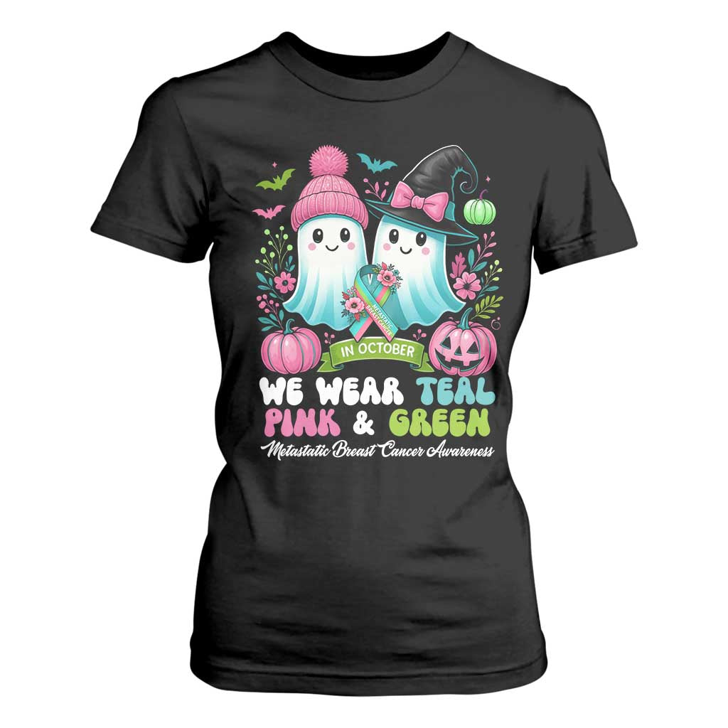 Metastatic Breast Cancer Support Ghost T Shirt For Women Halloween Green Teal Pink Ribbon