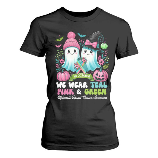 Metastatic Breast Cancer Support Ghost T Shirt For Women Halloween Green Teal Pink Ribbon