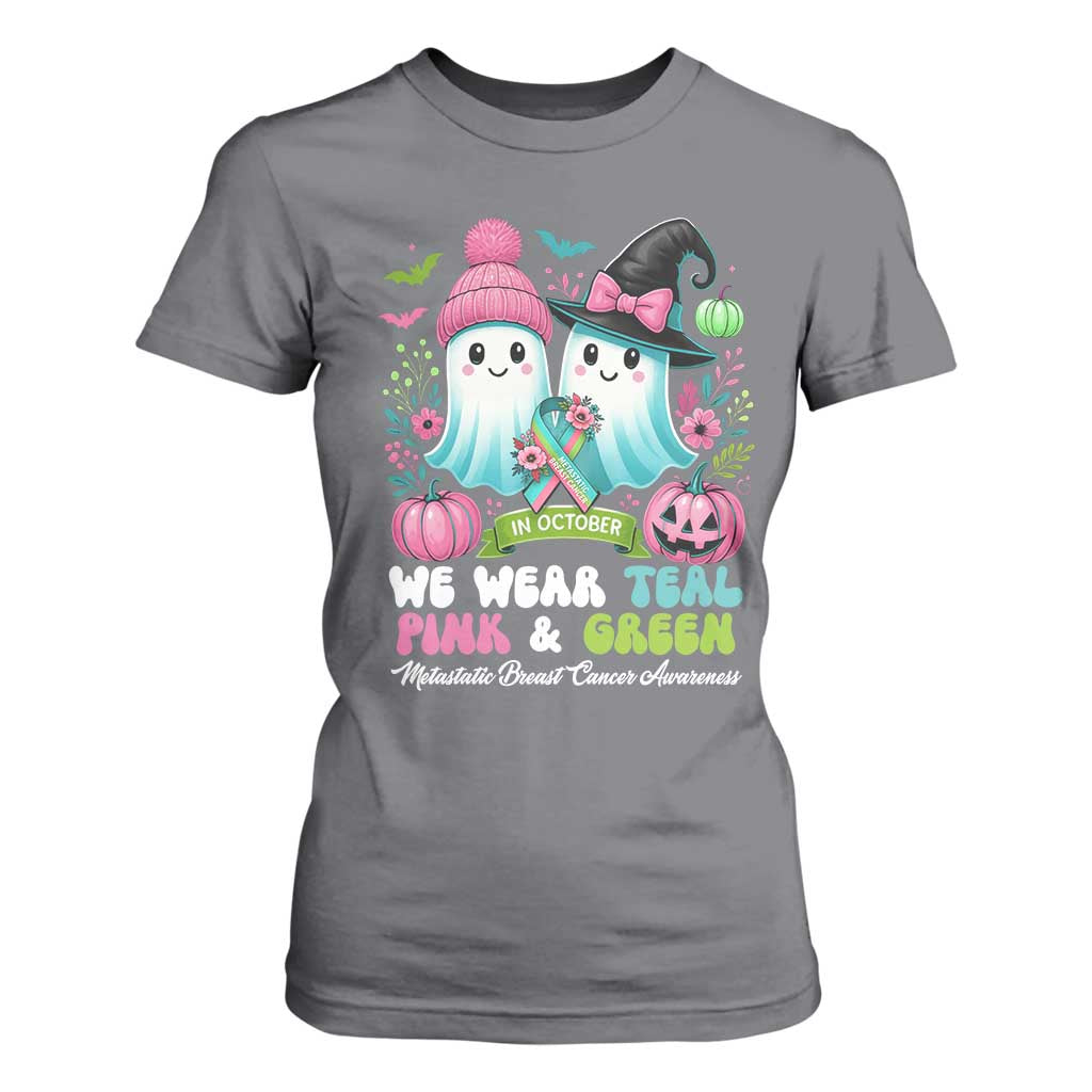 Metastatic Breast Cancer Support Ghost T Shirt For Women Halloween Green Teal Pink Ribbon