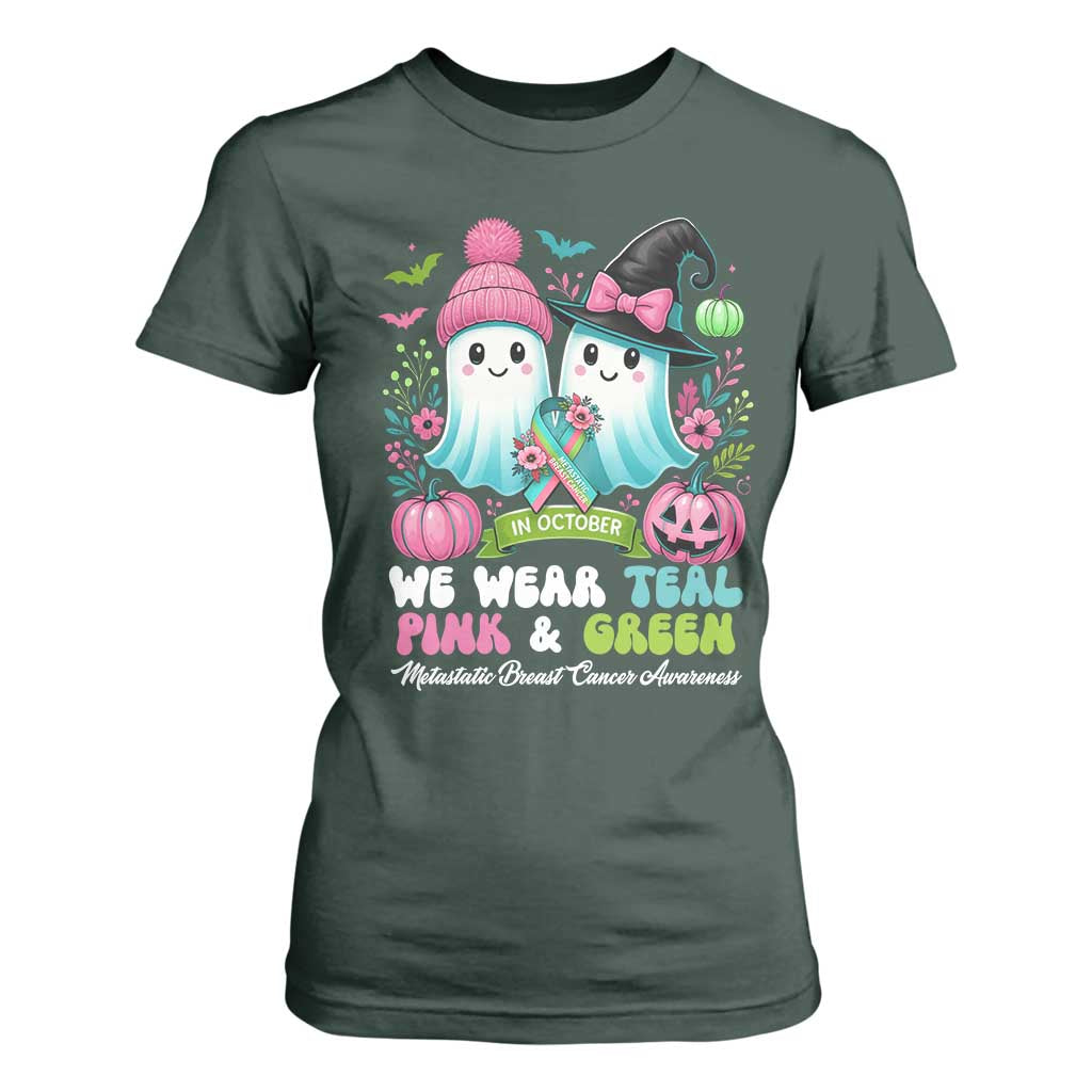 Metastatic Breast Cancer Support Ghost T Shirt For Women Halloween Green Teal Pink Ribbon