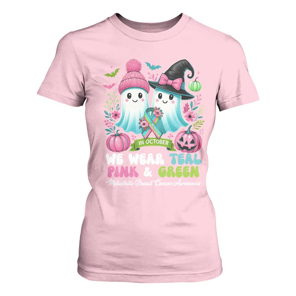 Metastatic Breast Cancer Support Ghost T Shirt For Women Halloween Green Teal Pink Ribbon