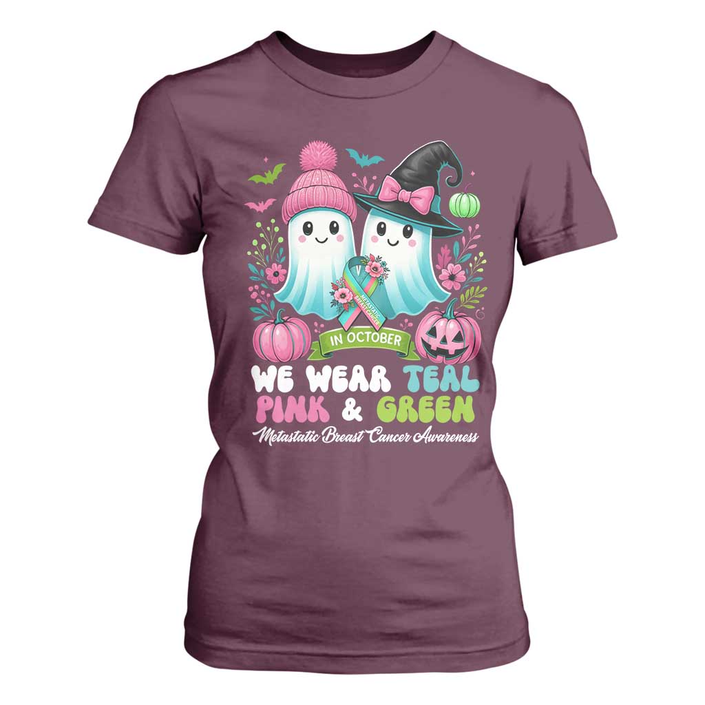 Metastatic Breast Cancer Support Ghost T Shirt For Women Halloween Green Teal Pink Ribbon