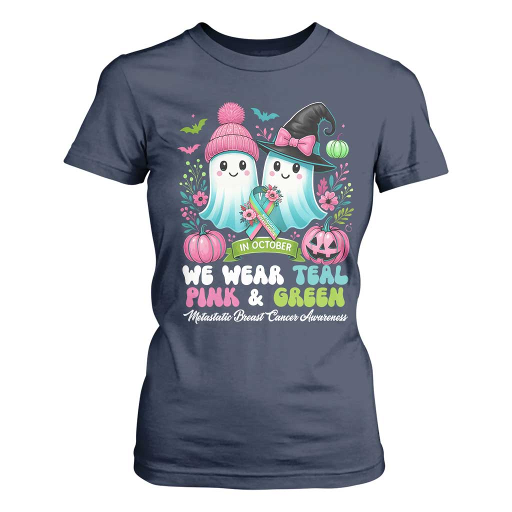 Metastatic Breast Cancer Support Ghost T Shirt For Women Halloween Green Teal Pink Ribbon