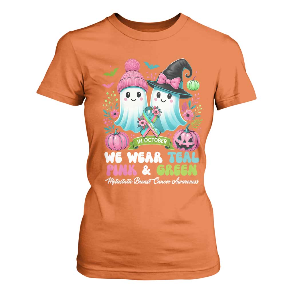 Metastatic Breast Cancer Support Ghost T Shirt For Women Halloween Green Teal Pink Ribbon