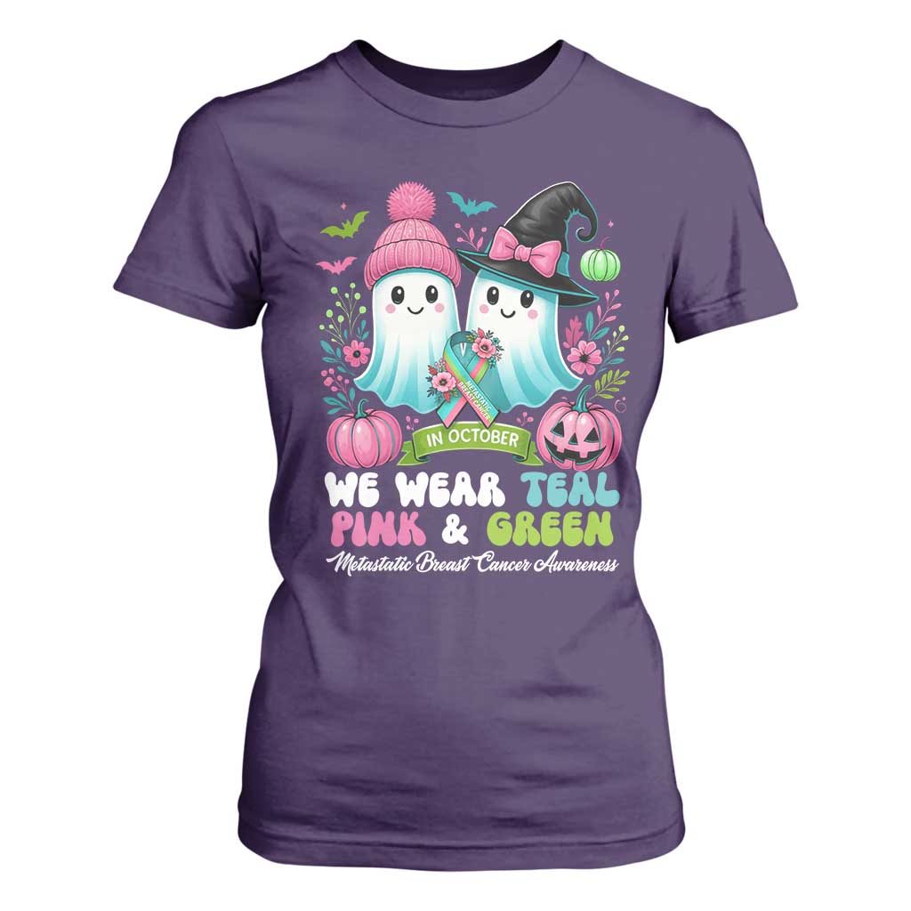 Metastatic Breast Cancer Support Ghost T Shirt For Women Halloween Green Teal Pink Ribbon