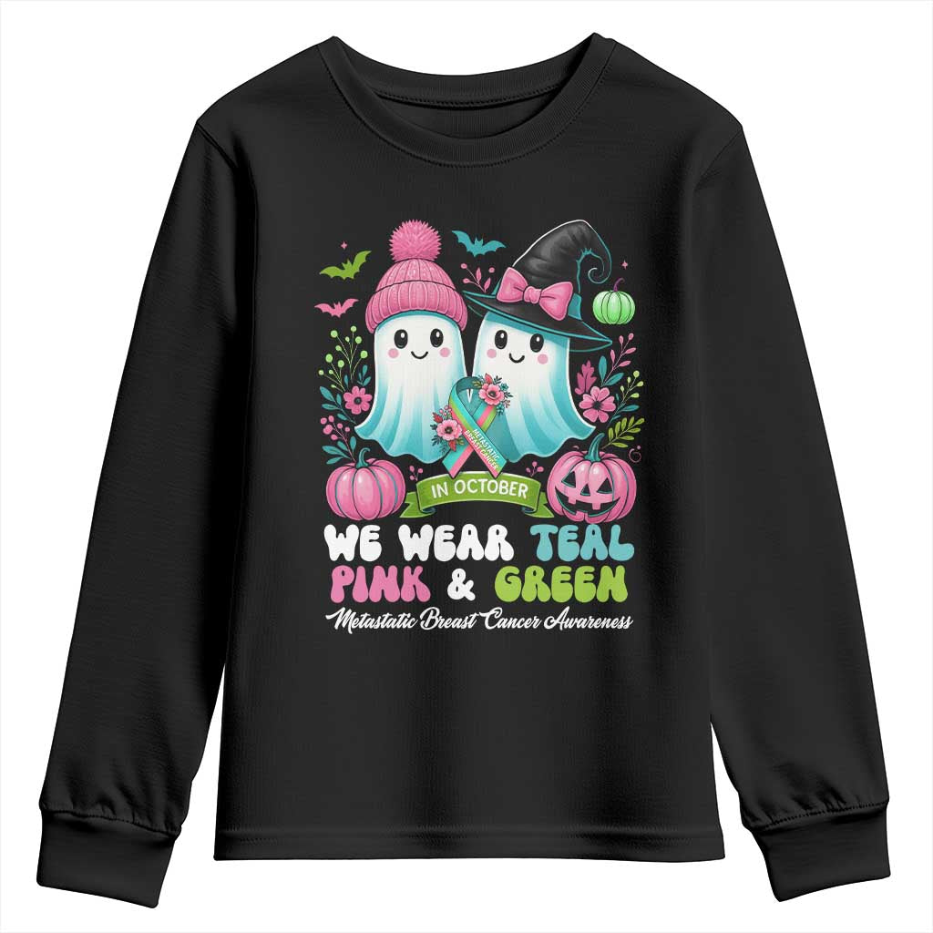 Metastatic Breast Cancer Support Ghost Youth Sweatshirt Halloween Green Teal Pink Ribbon