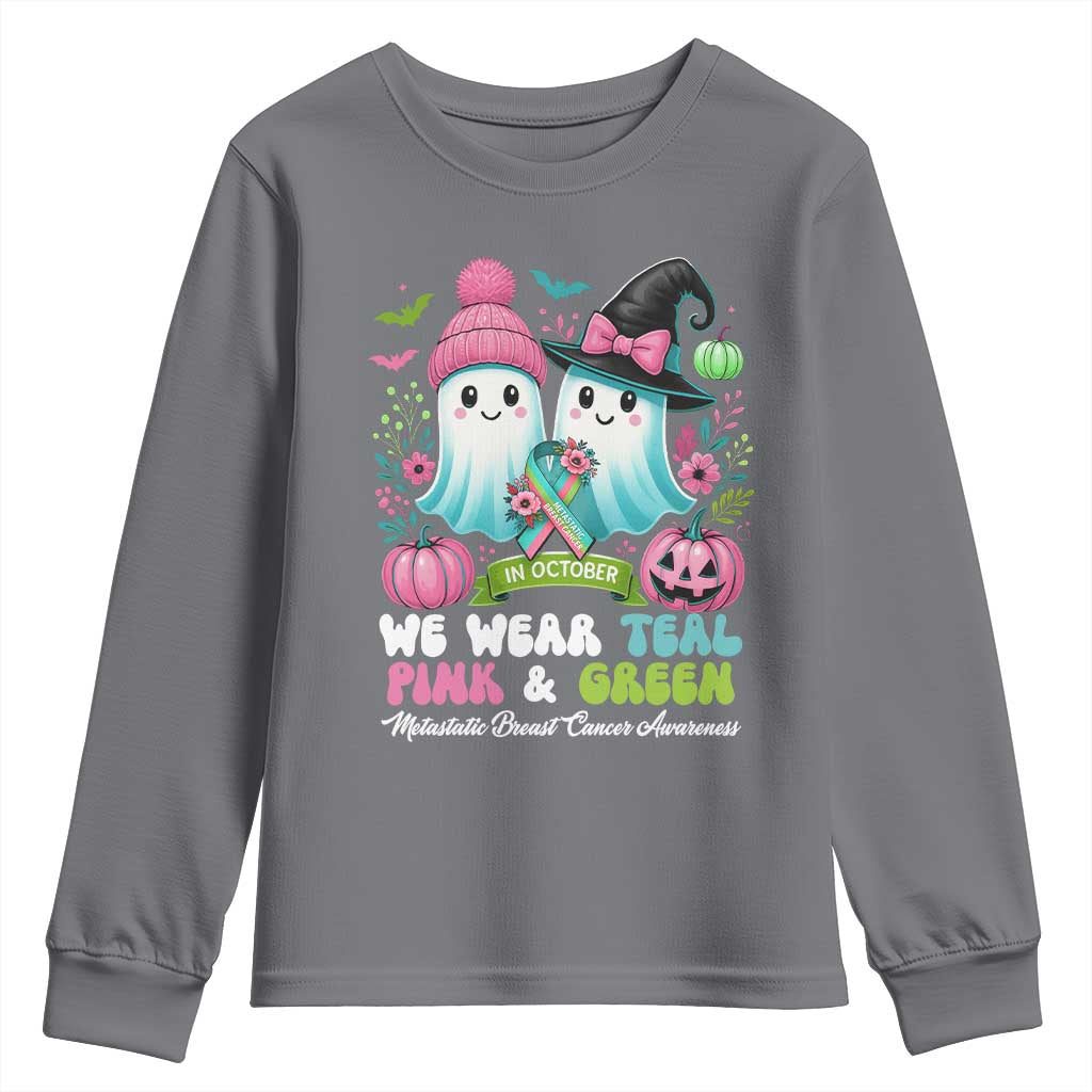 Metastatic Breast Cancer Support Ghost Youth Sweatshirt Halloween Green Teal Pink Ribbon