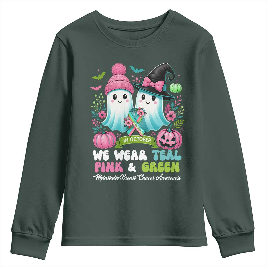 Metastatic Breast Cancer Support Ghost Youth Sweatshirt Halloween Green Teal Pink Ribbon