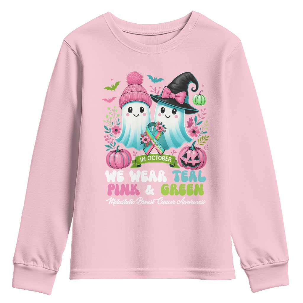 Metastatic Breast Cancer Support Ghost Youth Sweatshirt Halloween Green Teal Pink Ribbon