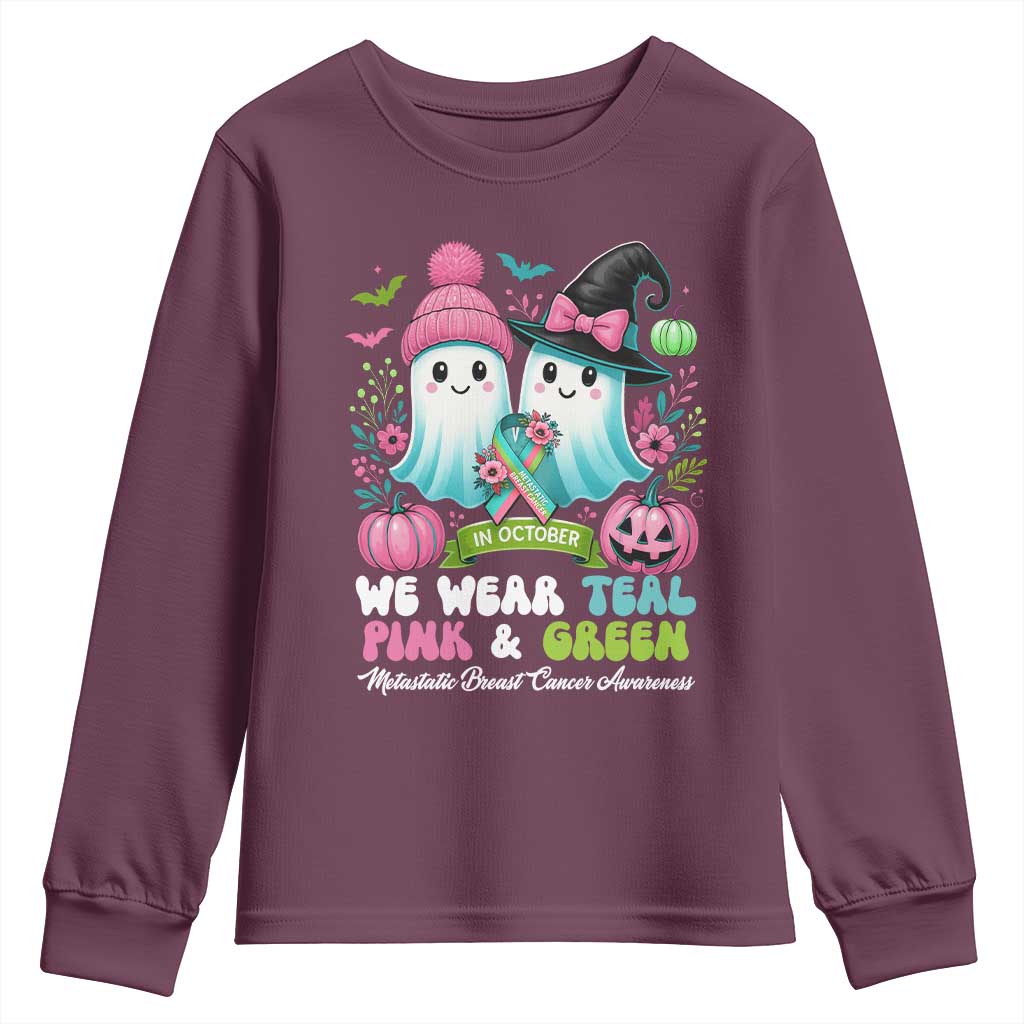 Metastatic Breast Cancer Support Ghost Youth Sweatshirt Halloween Green Teal Pink Ribbon