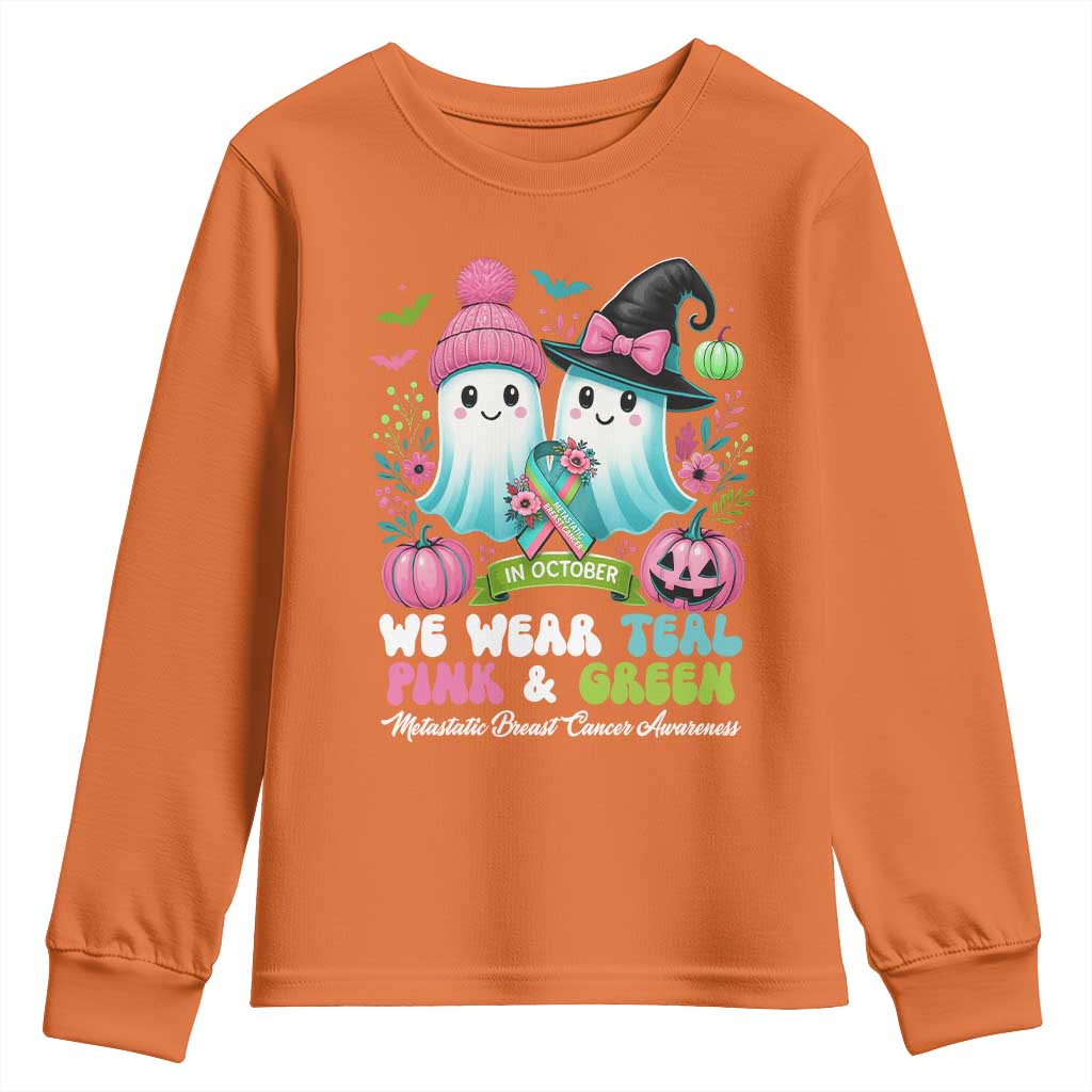 Metastatic Breast Cancer Support Ghost Youth Sweatshirt Halloween Green Teal Pink Ribbon