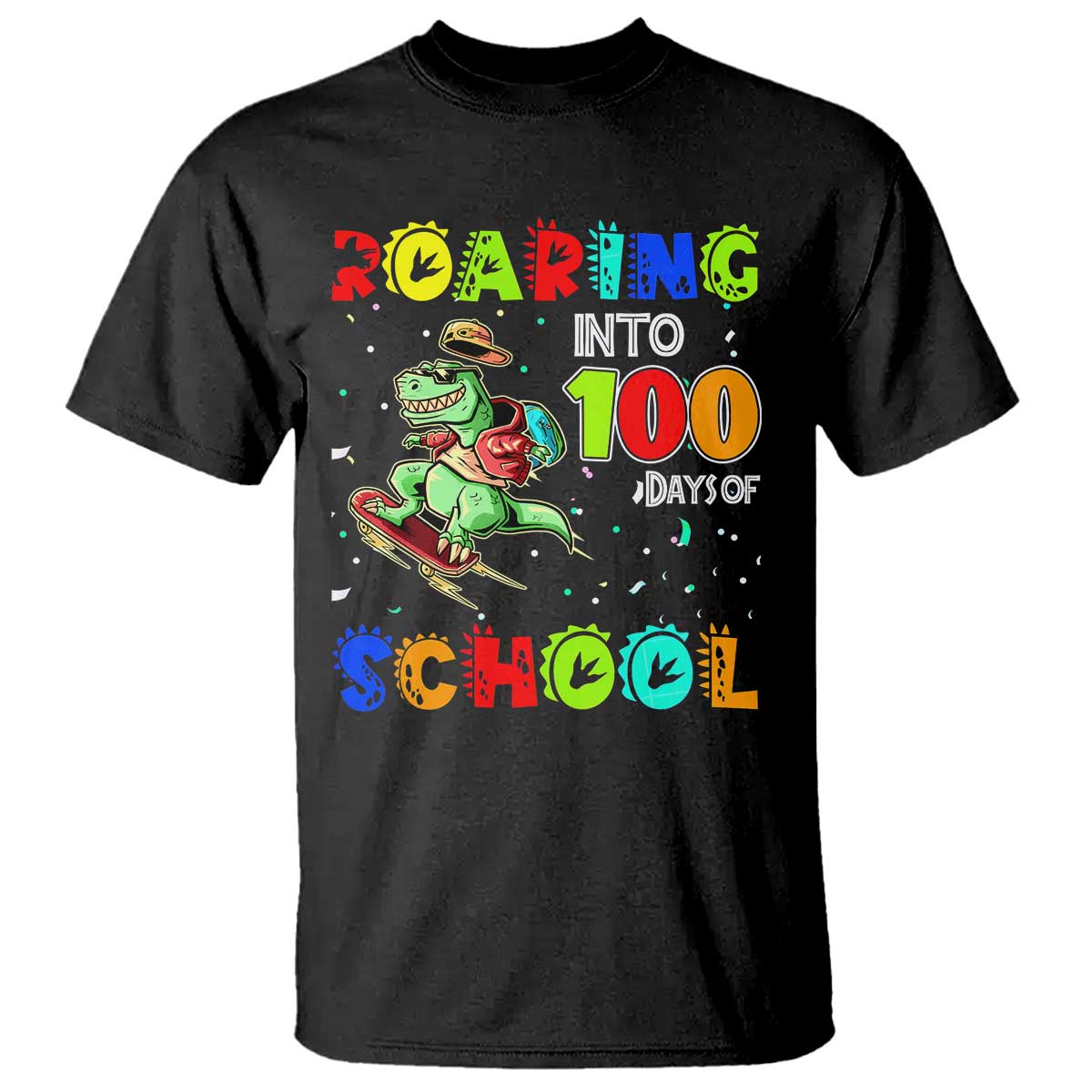 funny-dinosaur-trex-roaring-into-100-days-of-school-t-shirt