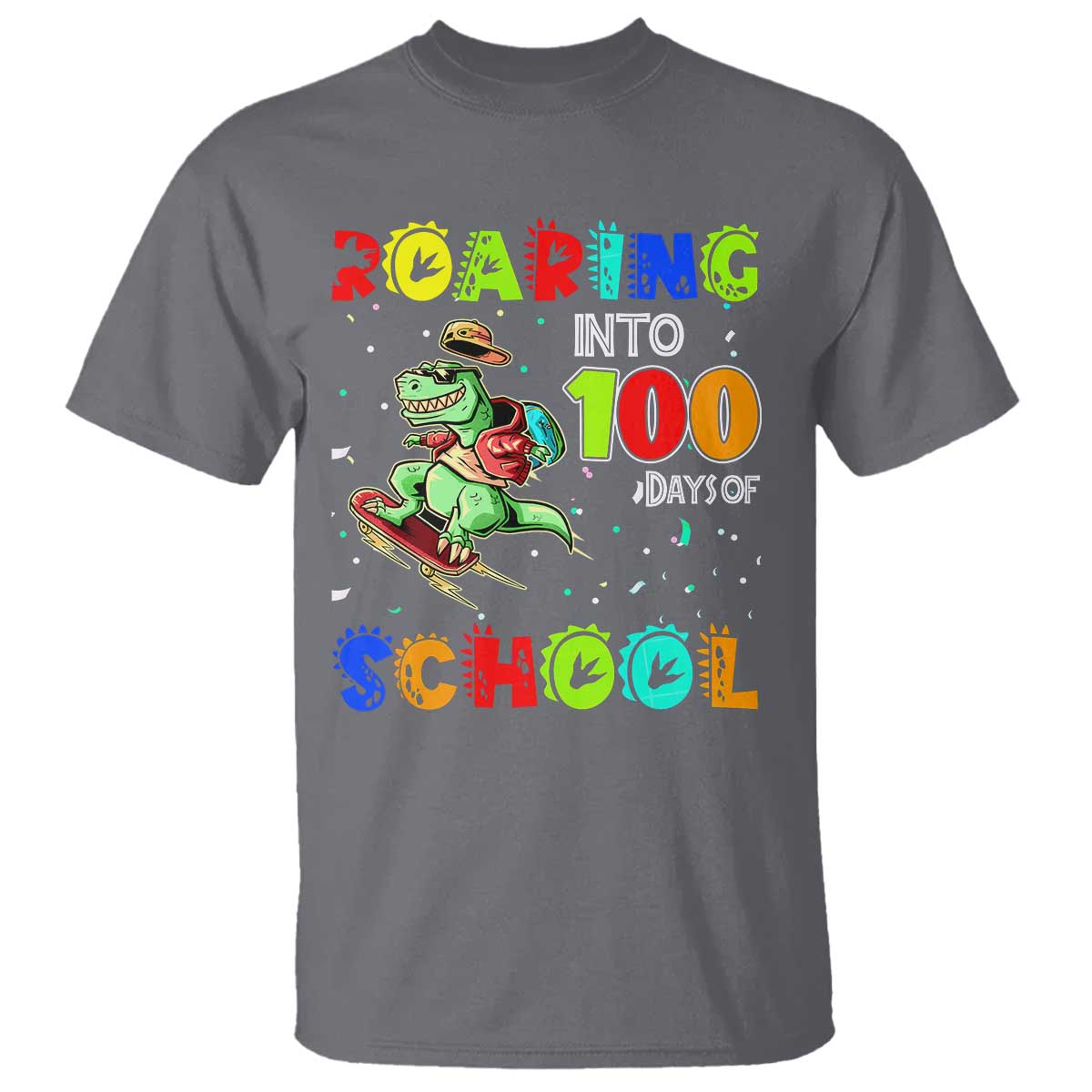 funny-dinosaur-trex-roaring-into-100-days-of-school-t-shirt