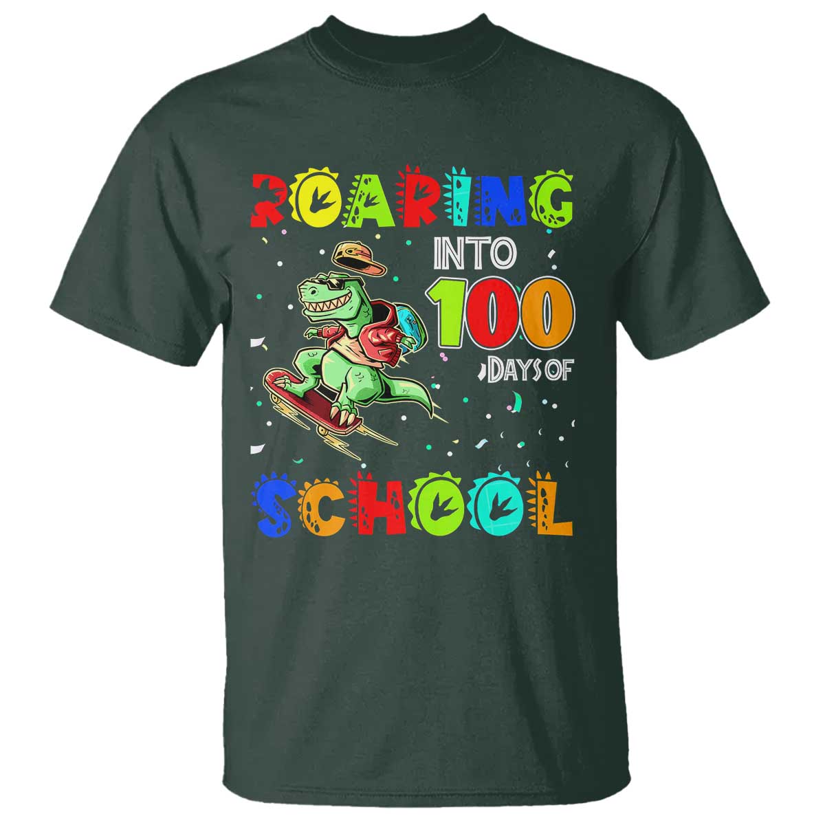 funny-dinosaur-trex-roaring-into-100-days-of-school-t-shirt