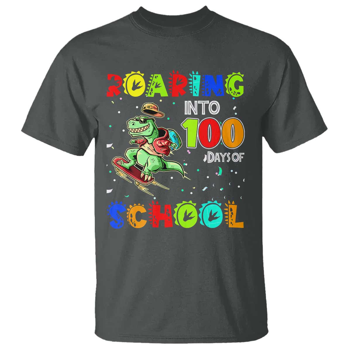 funny-dinosaur-trex-roaring-into-100-days-of-school-t-shirt