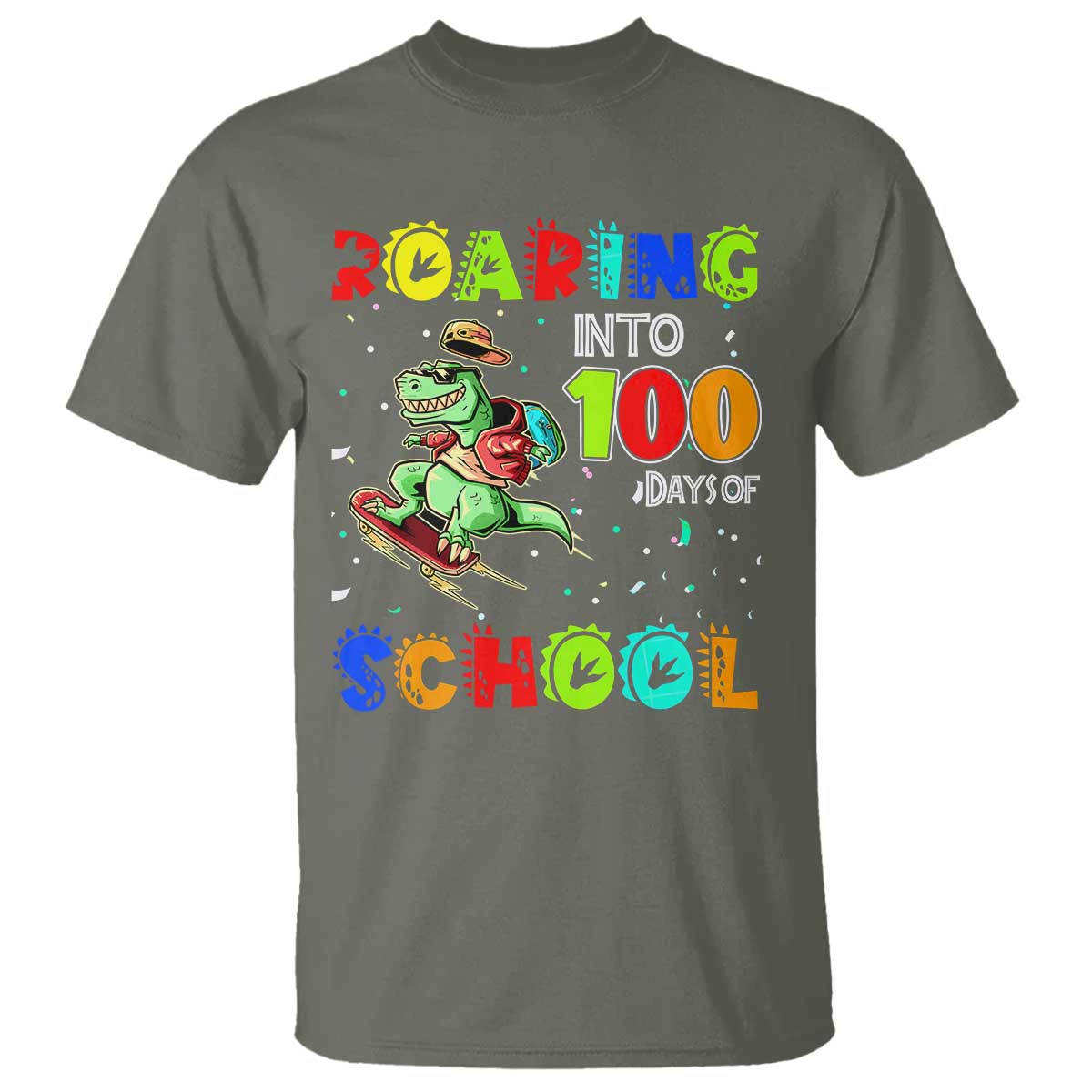 funny-dinosaur-trex-roaring-into-100-days-of-school-t-shirt