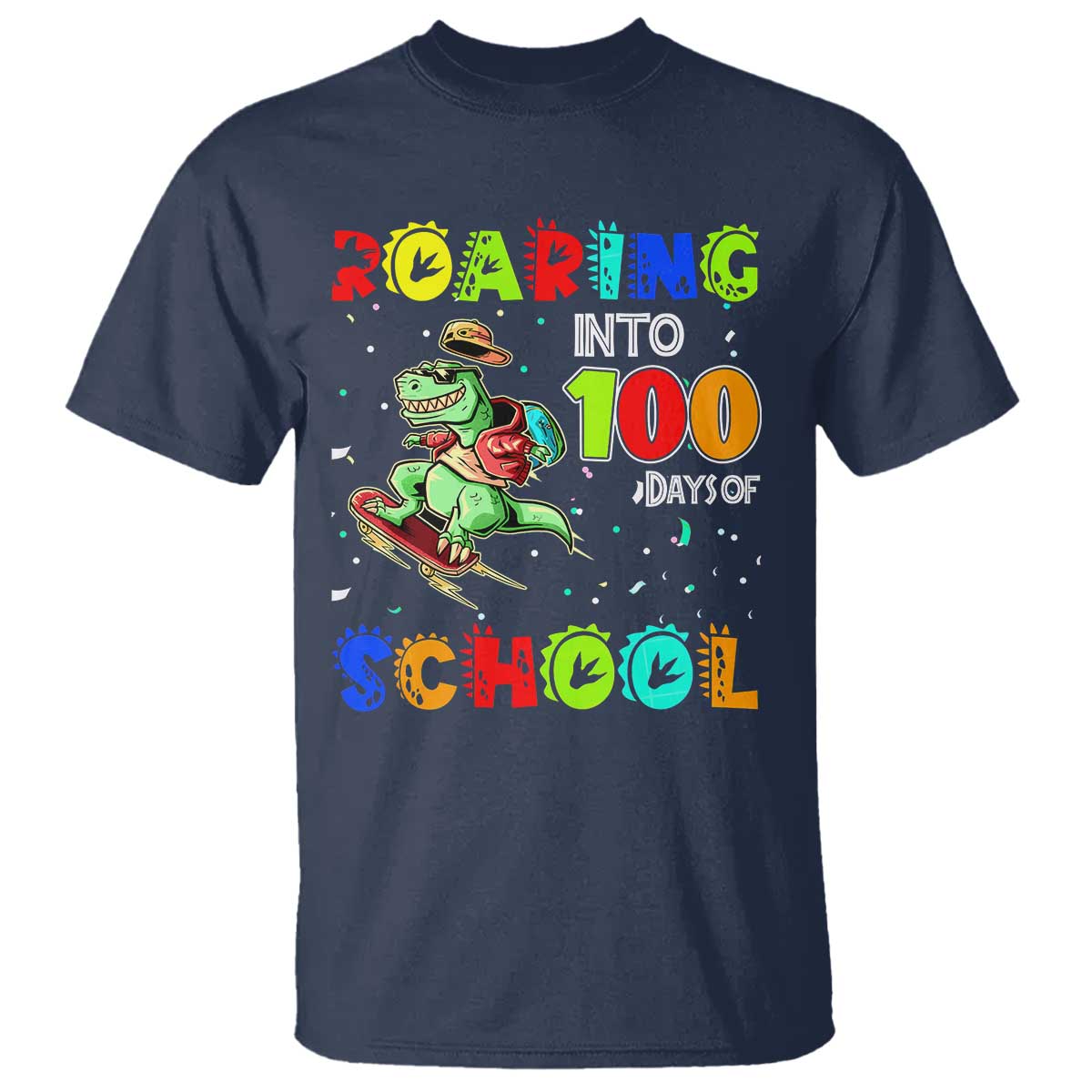 funny-dinosaur-trex-roaring-into-100-days-of-school-t-shirt