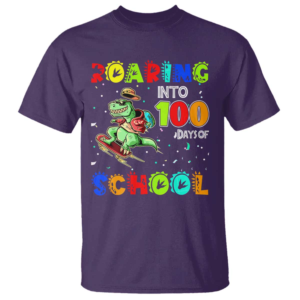 funny-dinosaur-trex-roaring-into-100-days-of-school-t-shirt