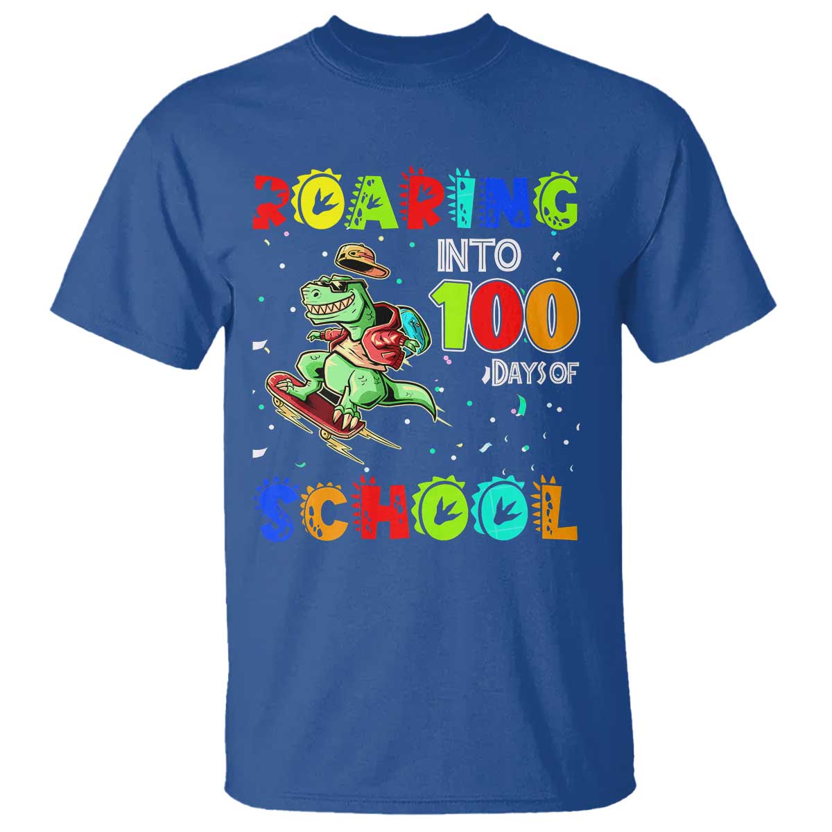 funny-dinosaur-trex-roaring-into-100-days-of-school-t-shirt