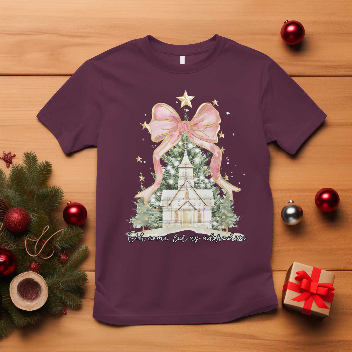 christian-christmas-t-shirt-oh-come-let-us-adore-him-nativity-christmas-tree-bow